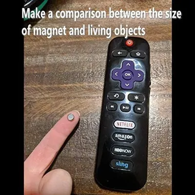 Demonstrates the small, compact size of the magnet by comparing it to a finger and a TV remote, reassuring shoppers that it's discreet and easy to handle.