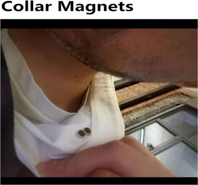 Demonstrates how the collar magnets keep shirt collars perfectly in place, solving the problem of collar curling or lifting during wear.