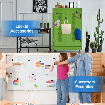 Demonstrates multiple use cases for the product, showing it can be used both as locker accessories in personal/home settings and as classroom essentials in educational environments.