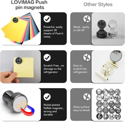 This image demonstrates why LOVIMAG push pin magnets are superior to competing styles by showing side-by-side comparisons across multiple benefits: stronger holding power, scratch-free design, and…
