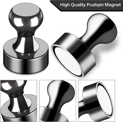 Highlights the physical construction and quality materials of the pushpin magnet through detailed close-up views of different components and angles, reassuring shoppers of the product's premium…