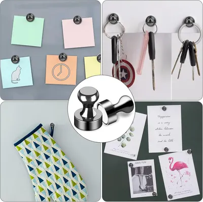 Demonstrates the versatility of the magnetic hooks by showing multiple real-world applications including holding sticky notes, organizing keys, displaying photos and memos, establishing the product…