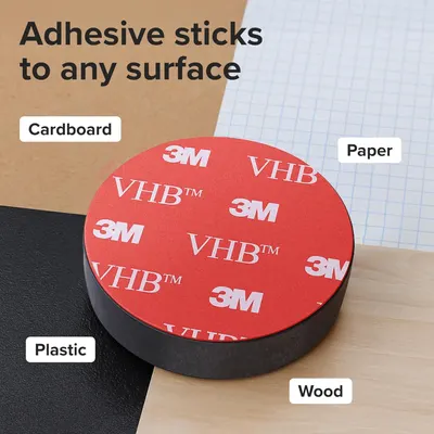 Demonstrates the product's versatility by showing it can adhere to multiple different surfaces (cardboard, paper, plastic, and wood), reassuring shoppers of its broad compatibility and usefulness.