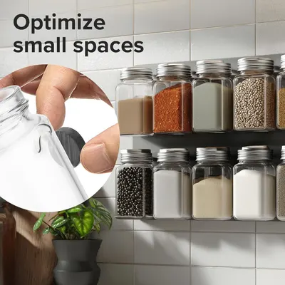 Demonstrates how the product can be used to organize spices and optimize small kitchen spaces, showing the practical application in a real-world setting. Communicates the key benefit of optimizing…