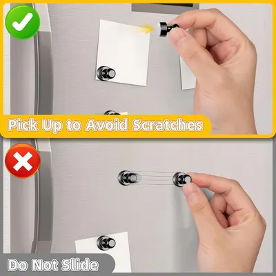 Demonstrates the correct way to install magnetic hooks by picking them up vertically to avoid scratching the surface, rather than sliding them horizontally.