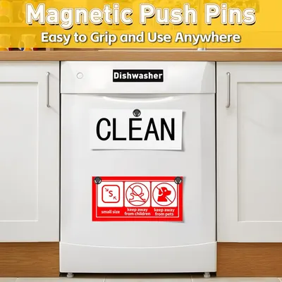 Demonstrates the product's versatility by showing it can be used on various surfaces like dishwashers, while also highlighting safety warnings (small size, keep away from children and pets).…