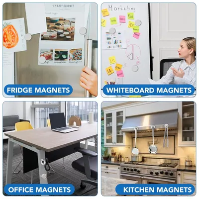 Demonstrates the product's versatility by showing four distinct use environments (fridge, whiteboard, office, kitchen) to reassure shoppers that the magnets work in multiple settings and applications.