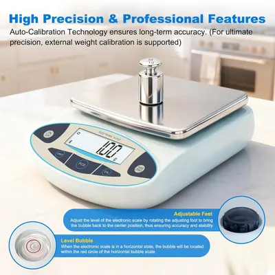 Highlights the precision scale's professional features by pointing to specific physical components (adjustable feet and level bubble) that ensure accuracy and stability, reassuring shoppers of the…