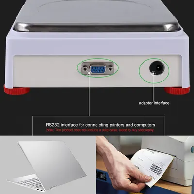 Highlights the physical connection ports on the device, specifically the RS232 interface for connecting printers and computers, and the adapter interface, helping shoppers understand the product's…