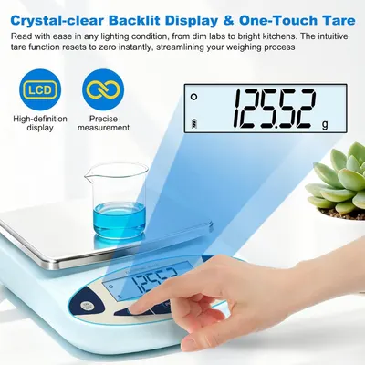 Communicates multiple key features of the kitchen scale including its backlit display for easy reading in any lighting, one-touch tare function for streamlined weighing, high-definition LCD screen,…