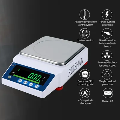 Showcases the technical features and safety protections of this precision scale to communicate reliability, advanced technology, and comprehensive functionality to professional or technical buyers.