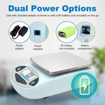 Demonstrates the product's versatility by showing it can be powered two ways: with an included AC adapter at home or with a 9V battery for portable use on the go.