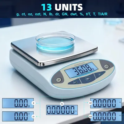 Communicates the versatility and precision of the electronic scale by highlighting its ability to measure in 13 different units, reassuring shoppers of its comprehensive functionality for various…