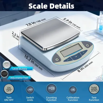 Communicates the exact physical dimensions of the scale (length, width, height) to help shoppers understand the product's size and footprint before purchase. Breaks down the scale's key physical…