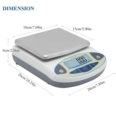Communicates the exact physical dimensions of the digital scale (length, width, height) to help shoppers understand the product's size and ensure it fits their workspace or storage needs.
