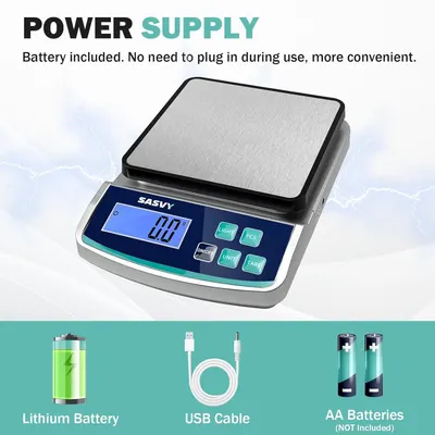 Communicates that the scale includes a rechargeable lithium battery and does not need to be plugged in during use, emphasizing portability and convenience for the shopper.