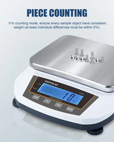 Demonstrates the scale's piece counting functionality, reassuring shoppers that the product can accurately count small identical items like screws with consistent weight measurement.