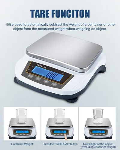 Explains how to use the tare function to automatically subtract container weight, demonstrating the three-step process of weighing with and without the container to get accurate net weight…