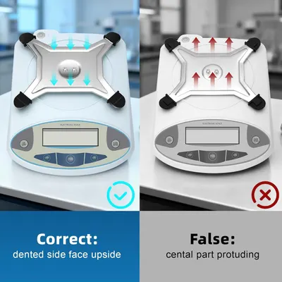 Instructs the shopper on the correct way to install or position the electronic scale, showing proper orientation (dented side up) versus incorrect orientation (central part protruding) to ensure…