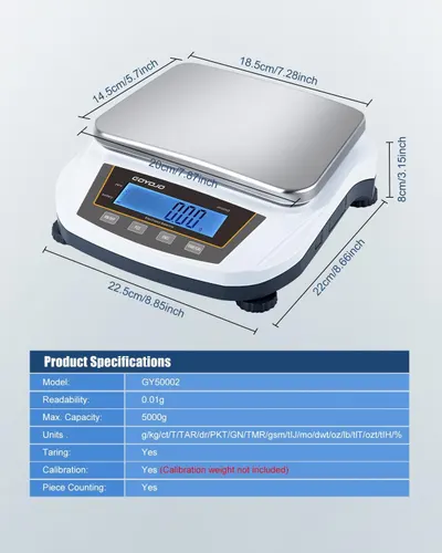 Communicates the exact physical dimensions of the digital scale (length, width, height) and provides detailed product specifications including capacity, readability, and features to help shoppers…