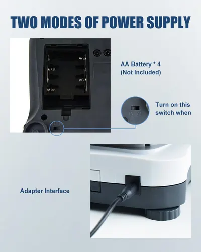Explains the two ways to power the product—via AA batteries or an adapter interface—to reassure shoppers of flexible power options and guide them on setup. Highlights the convenience and flexibility…