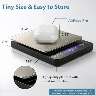 Demonstrates the product's compact physical size with exact measurements and a reference object (AirPods Pro) to reassure shoppers that it's small and portable. Communicates the key benefit that the…