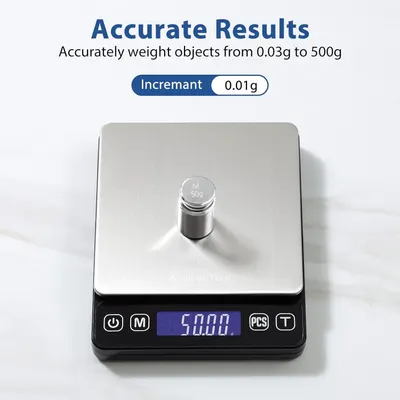 Communicates the scale's high precision and accuracy, showing it can measure objects from 0.03g to 500g with 0.01g increments, reassuring shoppers of reliable and detailed measurements. Highlights…