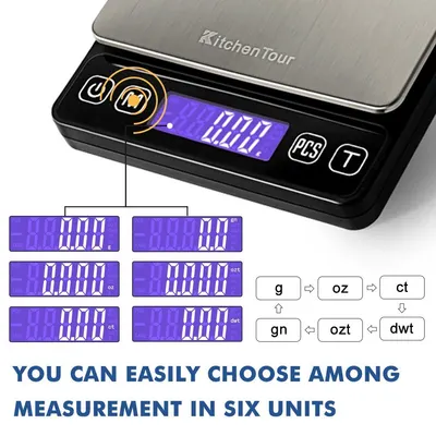 Communicates that the kitchen scale offers flexible measurement options across six different units (g, oz, ct, gn, ozt, dwt), making it versatile for various cooking and weighing needs.