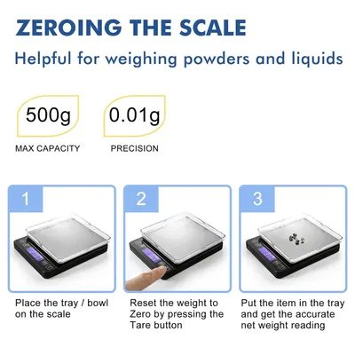 Explains the step-by-step process of using the tare function to zero the scale before weighing, helping shoppers understand how to get accurate net weight measurements for powders and liquids.…