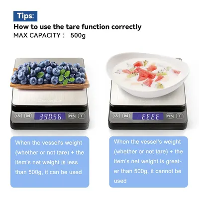 Instructs shoppers on how to correctly use the tare function on the kitchen scale, explaining when it can and cannot be used based on the 500g max capacity limit. Highlights the scale's maximum…