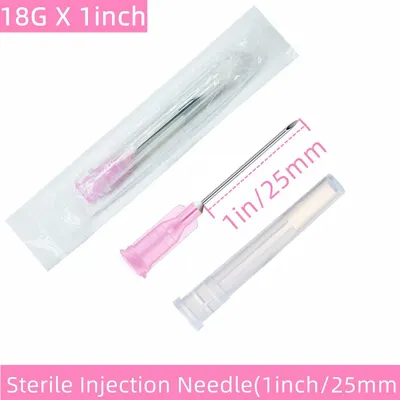 Communicates the exact physical dimensions of the sterile injection needle (18G x 1inch / 25mm) to help shoppers understand the precise size and gauge of the product they are purchasing.