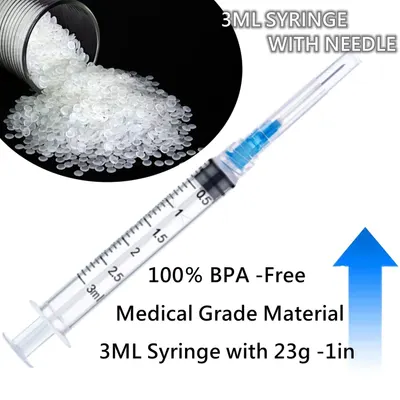 Communicates multiple product benefits including safety (BPA-free), quality (medical grade material), and specifications (3ML capacity with specific needle size) to reassure shoppers about the…