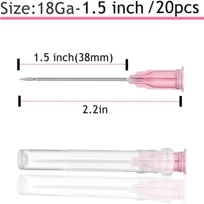 Communicates the exact physical dimensions of the needle product (1.5 inch needle length, 2.2 inch total length) with measurement arrows to help shoppers understand the size and gauge specifications…