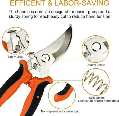 This image breaks down the physical components of the pruning shears to help shoppers understand the construction and design features that make the tool efficient and labor-saving.