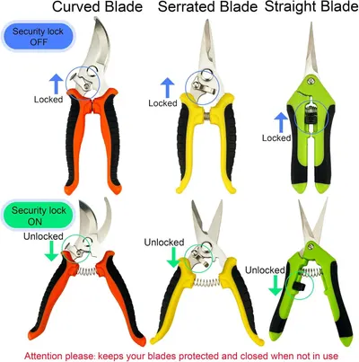 Demonstrates how to operate the security lock mechanism on three different pruning shear models, showing locked and unlocked positions to ensure safe storage and usage. Breaks down the physical…