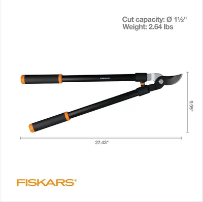 Communicates the exact physical dimensions (27.43" length, 9.85" height) and weight (2.64 lbs) of the pruning shears, along with its cut capacity (Ø 1½"), helping shoppers understand the tool's size…