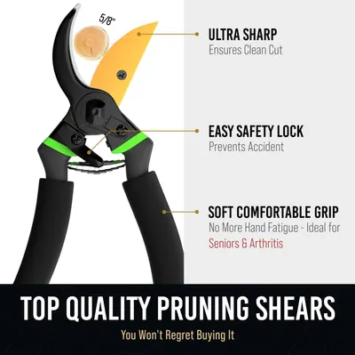 Breaks down the pruning shears by highlighting three key physical components with callout lines and labels, showing shoppers the specific parts that make the tool effective and safe to use.…