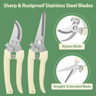 Highlights the physical blade types and components of the pruning shears to help shoppers understand the tool's construction and cutting capabilities.