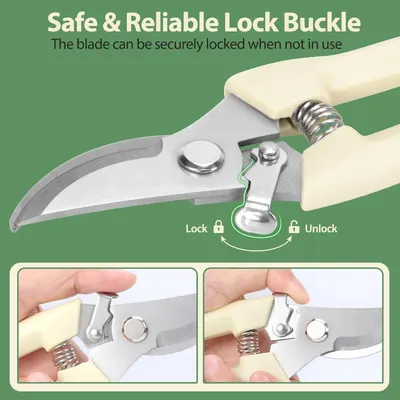 Demonstrates the product's safety lock mechanism that securely locks the blade when not in use, reassuring shoppers about safe storage and handling. Provides step-by-step visual instructions showing…