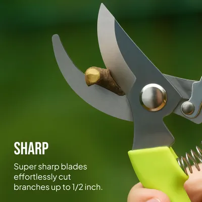 Communicates the product's cutting capability (branches up to 1/2 inch) to help shoppers understand its performance and suitability for their pruning needs. Highlights the sharpness and ease of use…