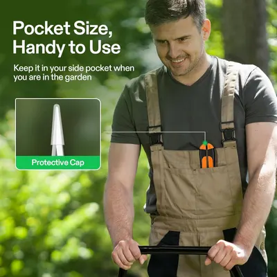 Communicates that the product is compact and portable enough to fit in a pocket for convenient use while gardening, with a protective cap for safety.