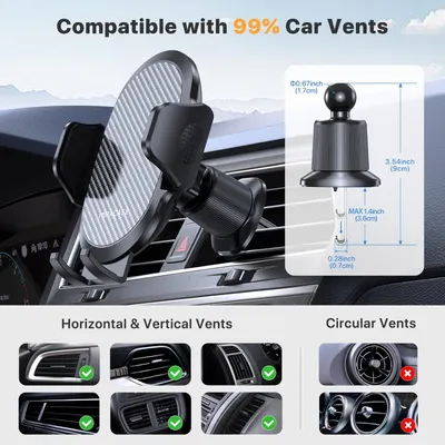 Demonstrates the product's compatibility with 99% of car vents by showing multiple vent types it works with (horizontal, vertical) and those it doesn't (circular), reassuring shoppers about fit and…