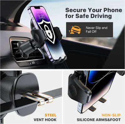Communicates multiple distinct benefits of the car phone mount: safe driving security, anti-slip stability, durable steel vent hook attachment, and non-slip silicone grip components. The segmented…