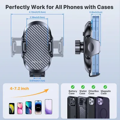 Demonstrates that the phone mount is compatible with a wide range of phone sizes (4-7.2 inches) and works with phones in various case types (battery, wallet, OtterBox, MagSafe), reassuring shoppers…