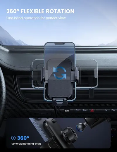 Highlights the car phone mount's 360-degree rotation capability and ease of use, reassuring shoppers that they can adjust their phone to any viewing angle with simple one-handed operation.