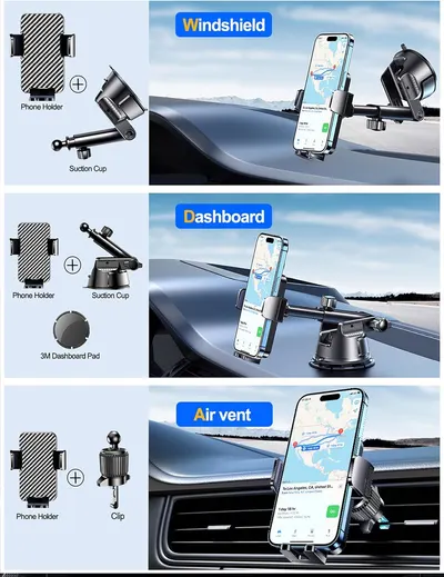 Demonstrates the three different mounting locations where the phone holder can be installed in a vehicle, showing versatility and compatibility with different car setups and user preferences.