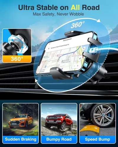 Demonstrates the phone mount's key benefits: 360-degree adjustability for optimal viewing angles and ultra-stable grip that won't wobble across different driving scenarios including sudden braking,…