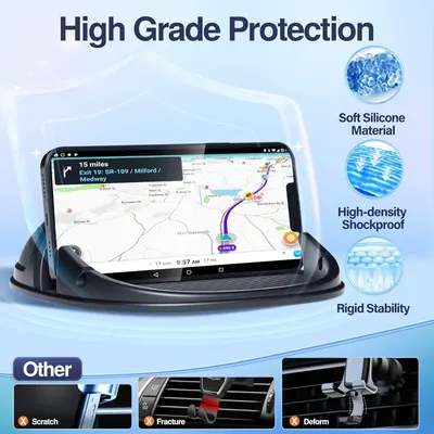 Communicates multiple protective and material benefits of the phone holder to reassure shoppers of its quality, durability, and protective features across several distinct benefit zones.