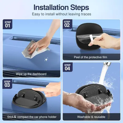 Demonstrates the step-by-step installation process for a car phone holder, reassuring shoppers that it's easy to install without damaging the dashboard and that the product is washable and reusable.