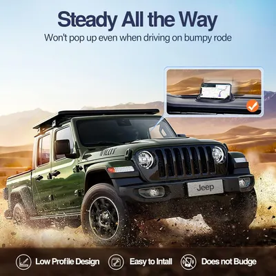 Communicates multiple benefits of the phone holder including its stability on bumpy roads, low-profile design, ease of installation, and secure grip to reassure shoppers of its reliability and…